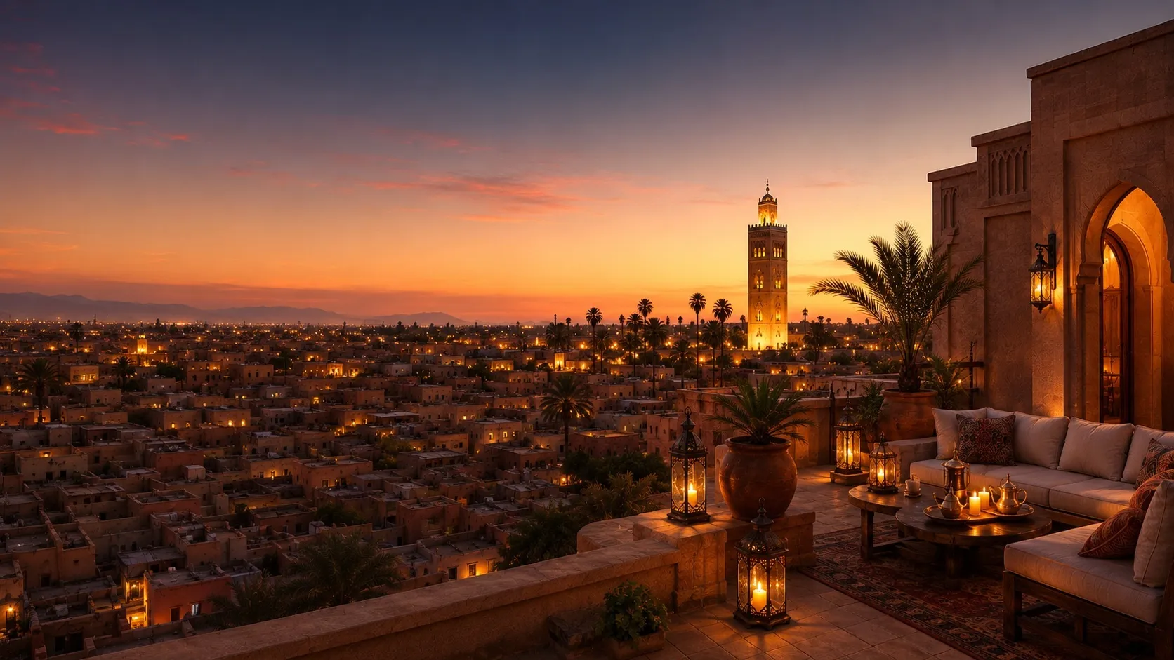 Riad rooftop terrace at dusk overlooking Marrakech, lanterns and candles glowing warm, with the Koutoubia minaret lit in the distance